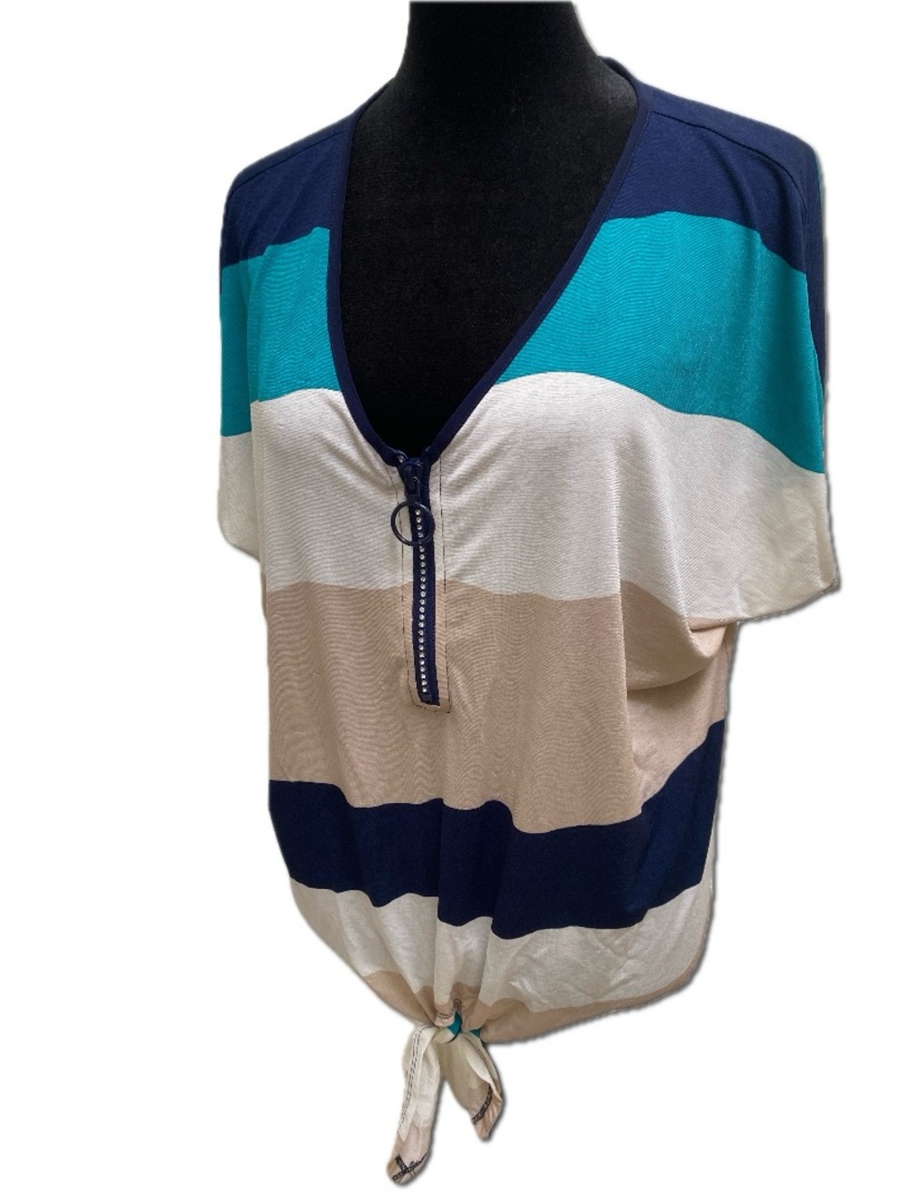 Lavish Striped Zip-Front Tie-Hem Crop Top - Teal, Navy & Beige